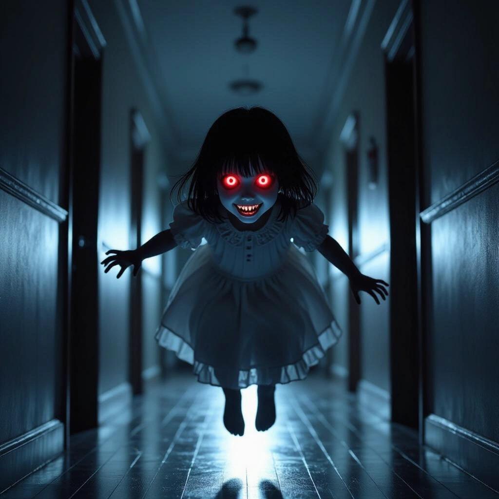 A young ghost girl with bright red eyes and a creepy grin floats inside a long dim hallway. Her feet and body are off the ground. She reaches out as if to choke the viewer. She wears a frilly white dress. The scene is dark and evokes horror.