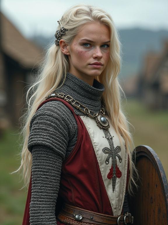Photorealistic image of a young woman with pale blonde hair. She has freckles and blue eyes. Clothing includes a chainmail coat and a red and white tabard. Jewelry includes a silver pendant. She holds a mace and a shield. The setting is a medieval village.