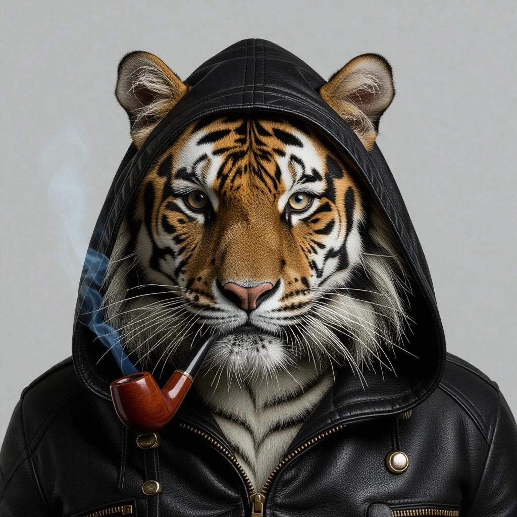 Image of an anthropomorphic tiger wearing a black leather hood and smoking a pipe. Fantasy style depiction.
