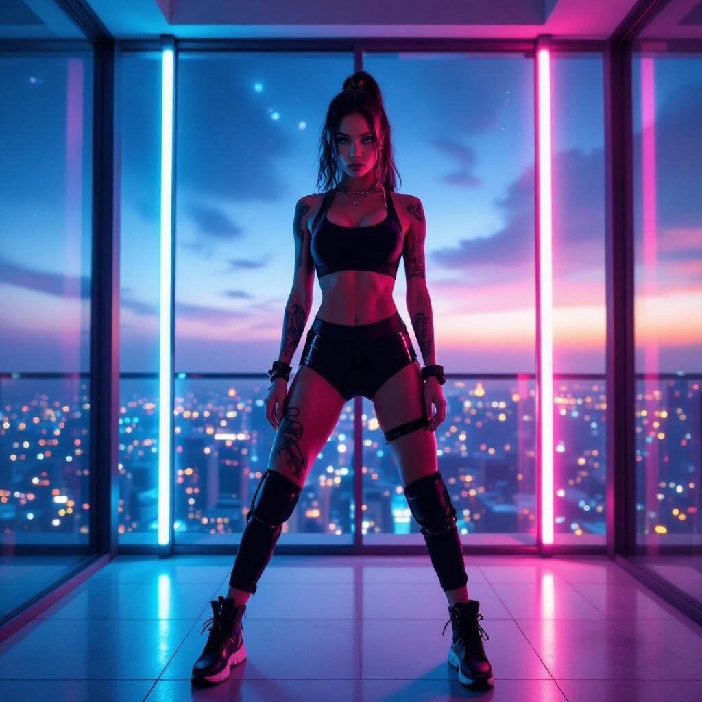 Distance shot of a tattooed gamer chick in a power stance. She wears a mirrored crop top in a luxury neon penthouse suite. The background features dark nebula skies and a city skyline. Image captures a raw yet artistic vibe.