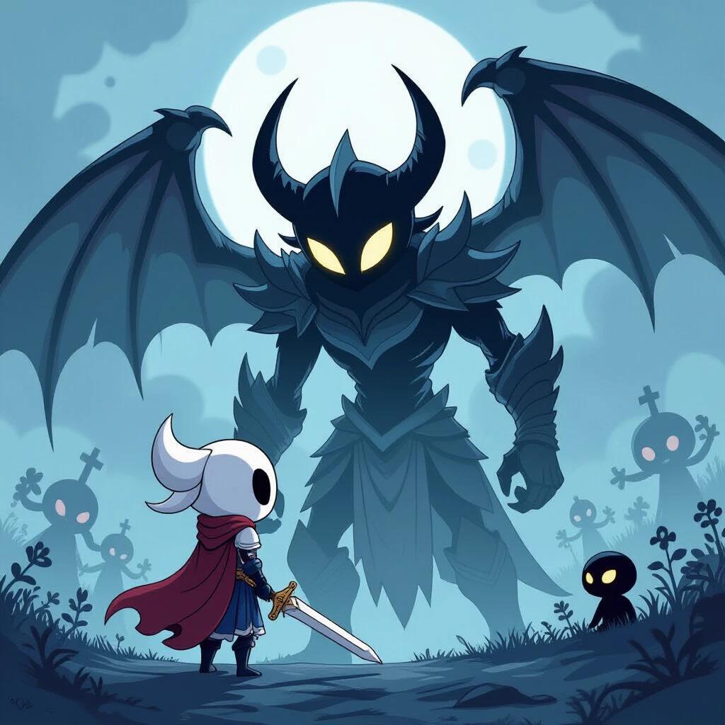 Image of a knight facing a towering character with wings and glowing eyes in a dark setting. The knight wears a white mask and cape and holds a sword. The background features a large moon and tombstones.