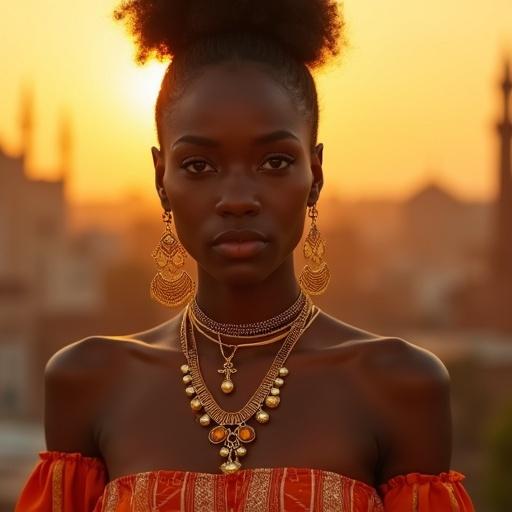 A beautiful young woman with glowing honey-gold skin. Wearing gold jewelry with intricate designs. Standing on a rooftop in Dakar at sunset. Background features silhouettes of city landmarks and a warm amber glow. Outfit is flowing and off-shoulder with cultural elements.