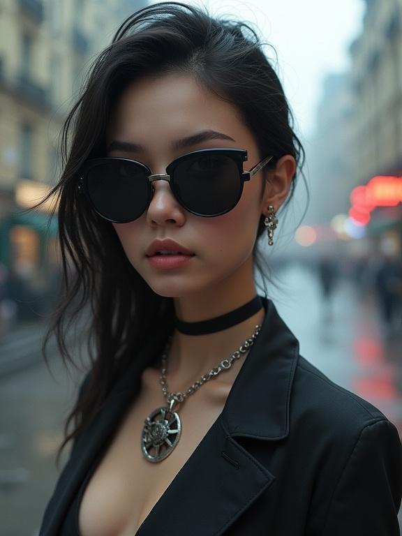 Close-up of a woman with sleek features in oversized black sunglasses. She wears a gear necklace against a soft-focus steampunk cityscape. The setting has a dreamy and minimalist atmosphere with delicate shading.