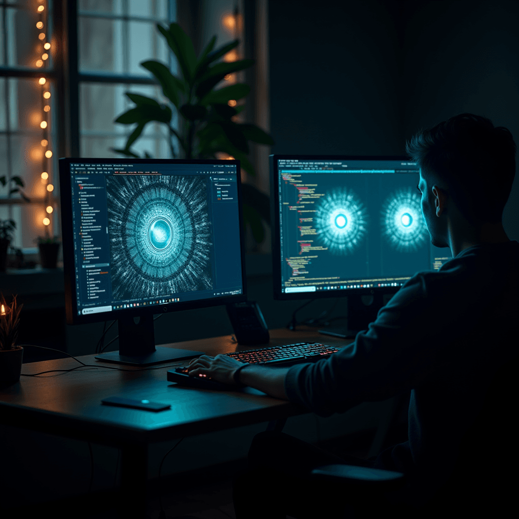 A person working on dual monitors with a sci-fi interface in a dimly lit room.