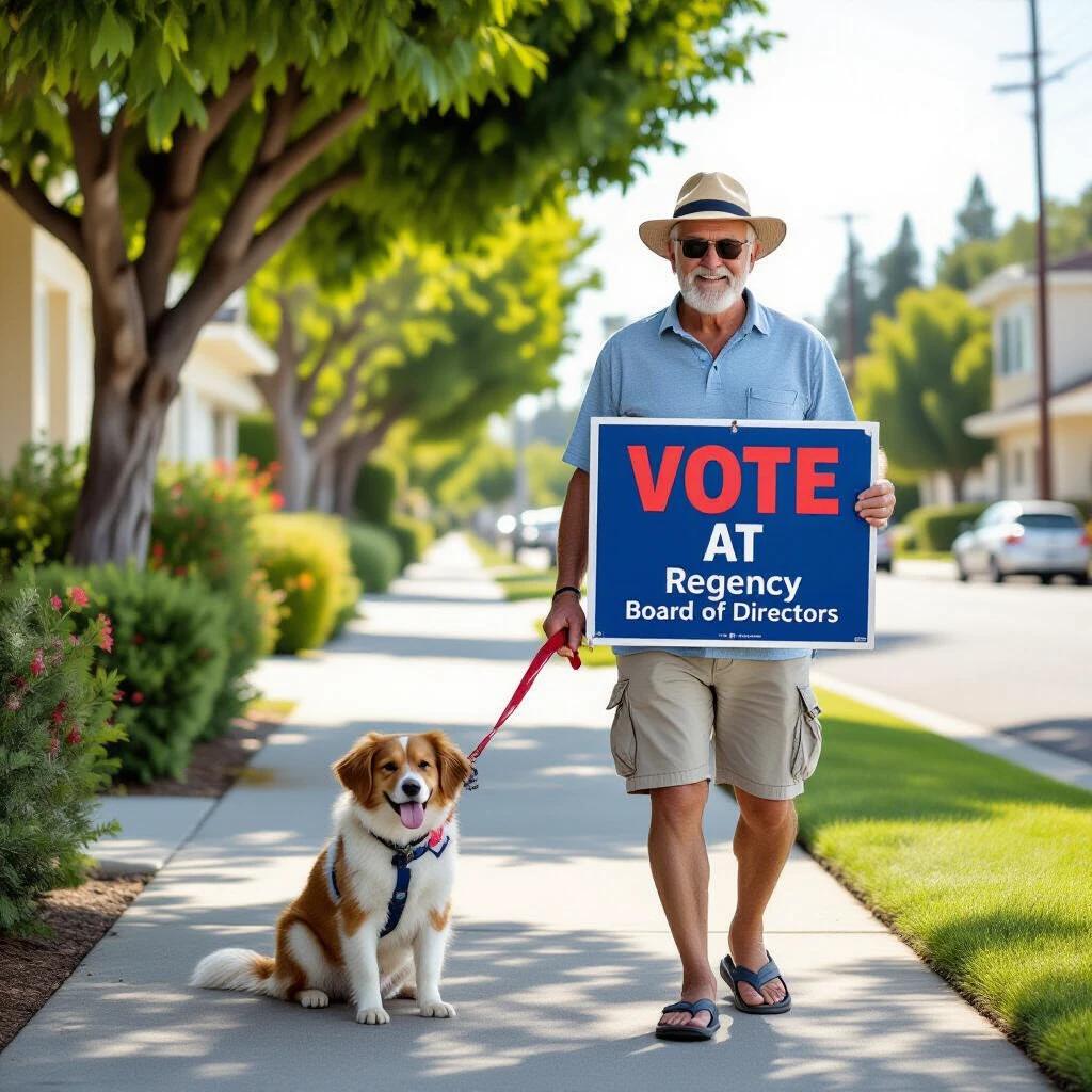 Man walks dog on sidewalk in California home area. He wears summer clothes. He carries a sign with blue background and red letters stating Vote at Regency Board of Directors. Dog is on a leash and looks friendly.