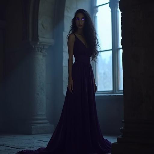 A woman in a flowing dark violet dress stands near a tall window. She has sharp violet eyes and tousled dark hair. The dress is cinched at the waist with a slit along one leg. The scene is dim with shadows and moonlight.
