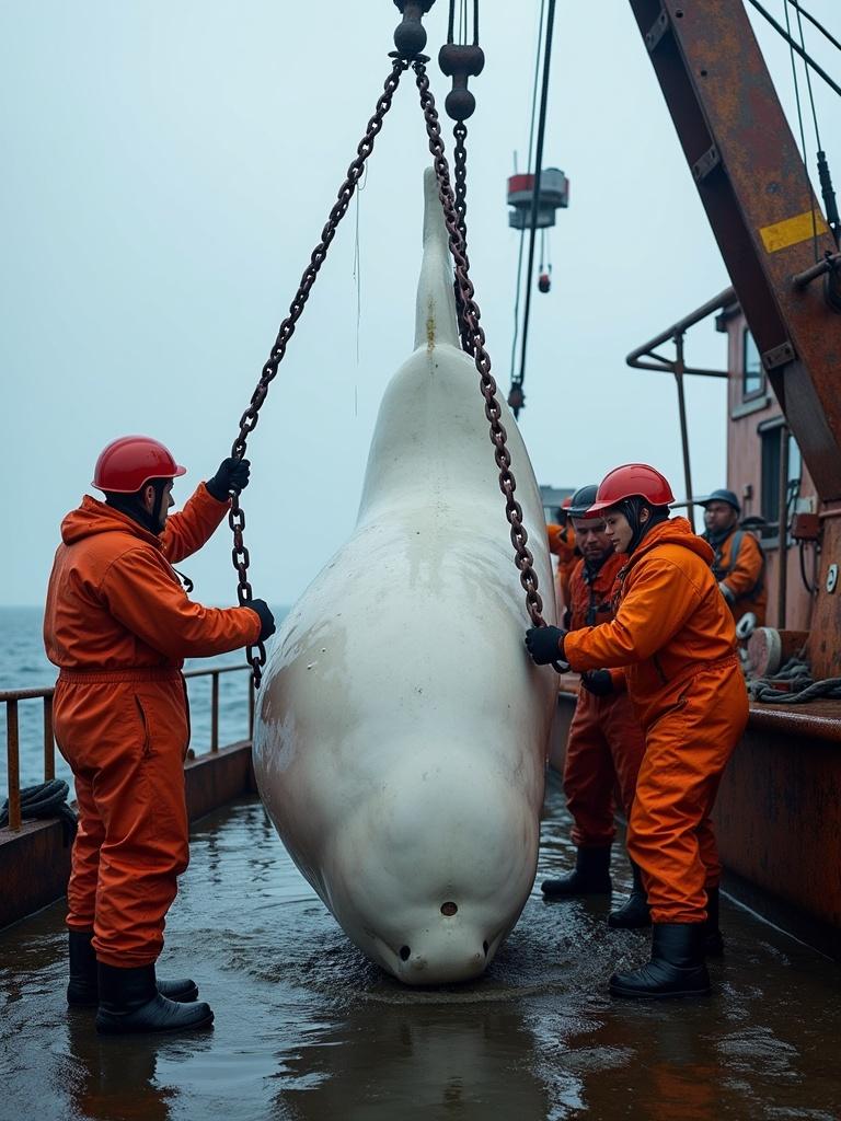 Group of sailors in orange and red waterproof suits working to lift a large white beluga whale using metal chains and a crane on a fishing vessel. Cold misty sea and gray sky are visible. Water drips from the whale's body. Background features rusted fishing boat structure and scattered ropes. Sailors are focused and determined in their task. Intense atmosphere with cinematic lighting.