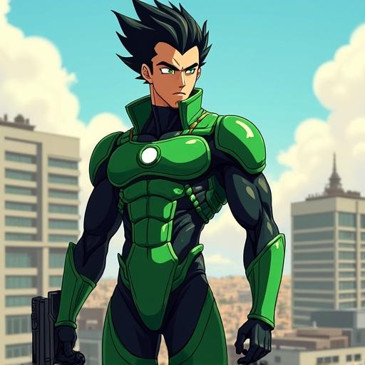 Anime character in a futuristic setting standing on a hotel rooftop. Character is 19 years old with spiky black hair and cyber green eyes. Dressed in a black bodysuit. Holding a sniper gun.
