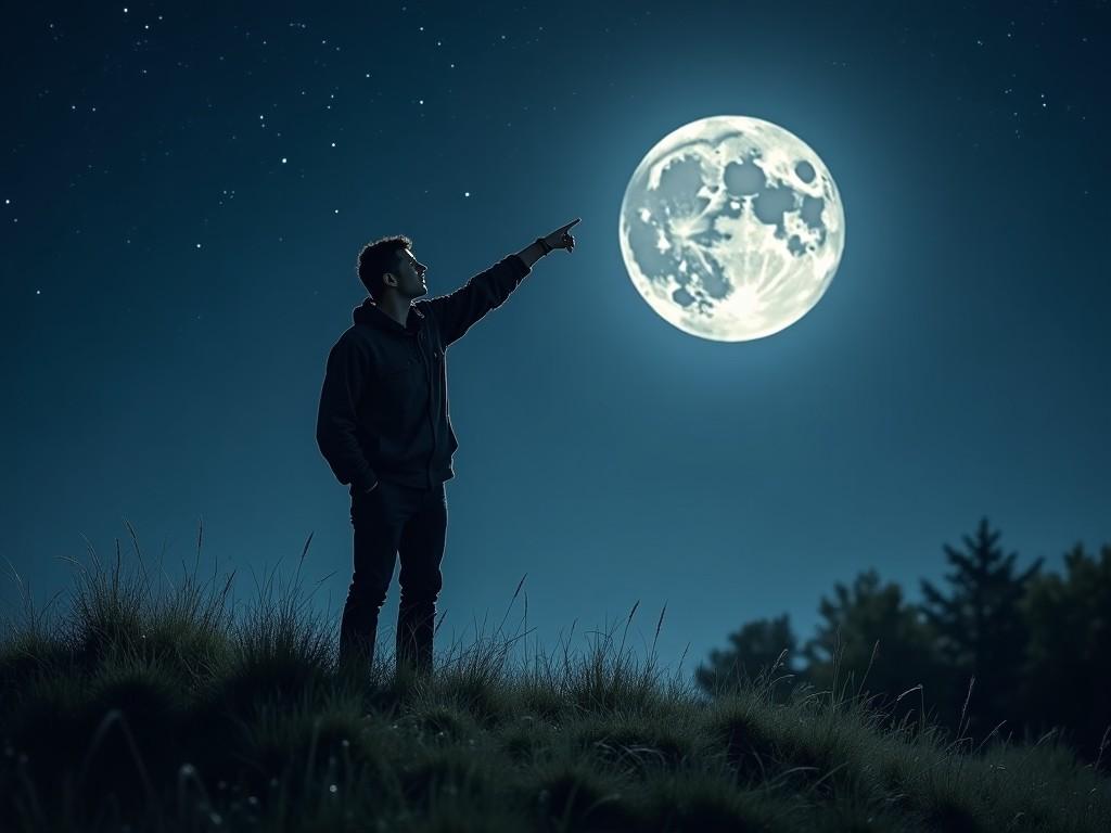 A person standing on a hill and pointing at a bright full moon in a starry night sky.