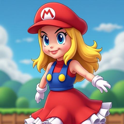 Create a female version of the Mario franchise. She has similar clothing styles and colors. The scene resembles classic video games. The character stands confidently with hands on hips.