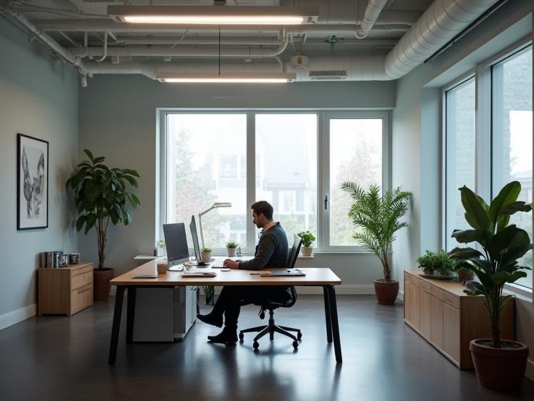 Office setting with a man working at a desk. Large windows bring natural light. Green plants add energy. Modern furniture and decor create a professional atmosphere.