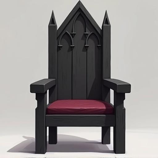 A digital art representation of a simplified gothic chair. Focus on a high backrest with a low arched top. Minimal carved arch motifs featured. The legs of the chair are plain black wood. The frame is basic wood. A flat burgundy cushion is on the seat. Subtle wood grain textures are visible. No lighting or shadows used in the image. Transparent background included.
