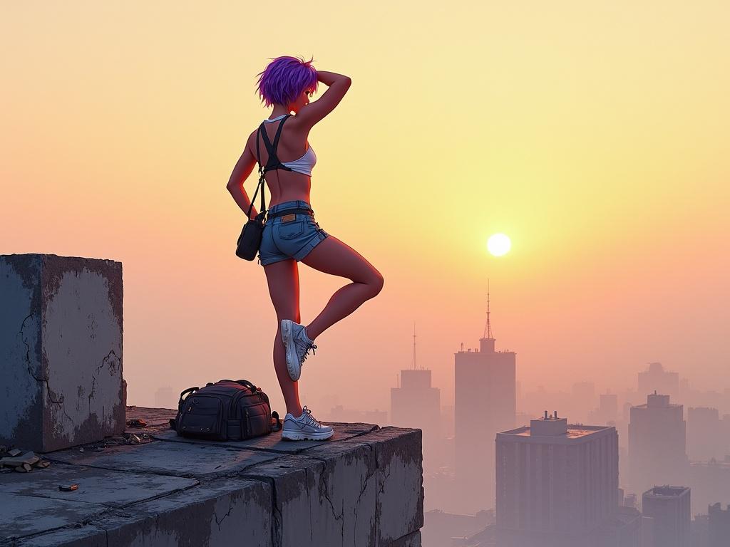 Digital watercolor illustration of a fit woman with short violet hair stretching her back and arms on the rooftop of a ruined building at sunrise. She wears a light tactical harness over a cropped top and shorts, with a travel backpack lying near her feet. The city below is quiet and broken, wrapped in early morning mist. Her pose shows motion and relief, framed by soft golden light. Clean watercolor rendering with smooth gradients, soft edges, and cinematic color tones.