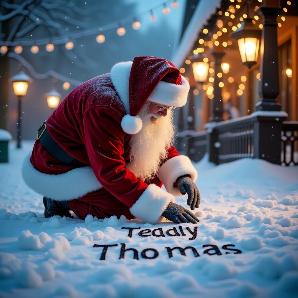 Santa Claus kneeling in snow, writing Teddy Thomas. Cozy holiday atmosphere with snow and warm lights.