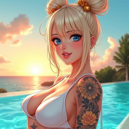 Anime style illustration of a girl in a white bikini by a luxurious infinity pool during sunset. She has frosted blue eyes and a high bun hairstyle. Character features golden details and intricate Japanese tattoos. Scene reflects a modern luxurious beach atmosphere.
