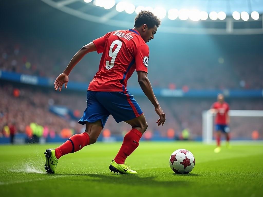 This image showcases a dynamic moment in a soccer match. A young athlete, wearing a red and blue team jersey, is dribbling a soccer ball with determination. The stadium is packed with fans cheering in the background, emphasizing the intensity of the game. Bright lights illuminate the field, adding to the excitement of the scene. The player's movement showcases skill and agility, making it a captivating soccer moment.