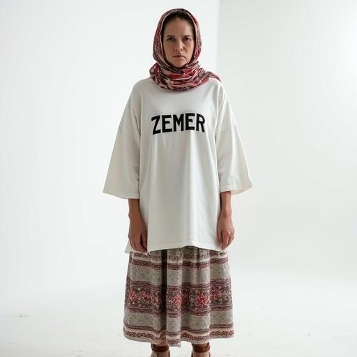Model in a white studio wearing oversized t-shirt with ZEMER written in bold. Traditional Albanian skirt and sandals visible. Straight look towards camera, headscarf on. No shadows or gradients in background.