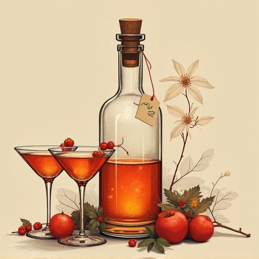 Minimalist artwork featuring a liqueur bottle with a cork and tag 'ALFRUNO'. Two cocktail glasses are filled with elixir. Prominent colors are gold and red, set on a beige background. The composition is clean and uses bold strokes.