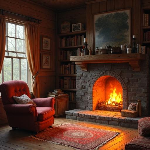 Rustic wooden room featuring a fireplace, an inviting armchair, and a stacked bookshelf. Digital oil and soft pastel style give a painterly realism. Calm and nostalgic ambiance evoked by the warm firelight and textured fabrics.