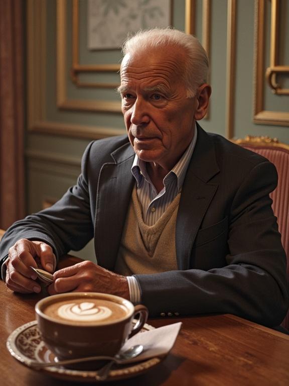 An elderly gentleman sits at a table enjoying a cup of hot chocolate. The setting is cozy and elegant with soft lighting. The gentleman is wearing a well-fitted suit and has a thoughtful expression. The coffee cup features latte art and is placed on a decorative saucer. A neatly folded napkin accompanies the drink.