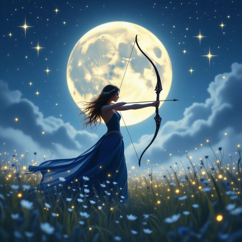 A moonlit archer stands in a glowing field of wildflowers. She wears a deep sapphire gown. A black-silver bow is drawn. Surrounding her are drifting fireflies. A massive full moon glows behind. Soft rolling fog is present. The night sky is filled with sparkling stars shaped like radiant crosses. The mood is ethereal and serene.