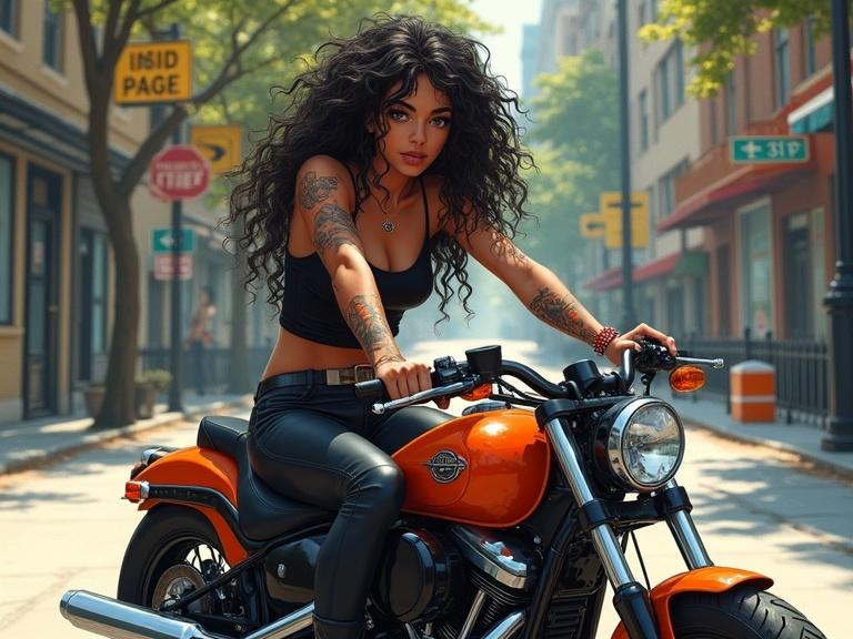Realistic detailed mixed girl with dark curly long hair riding a black orange red motorcycle. She has orange red black tattoos and is wearing a black tank top, black leather pants, and high heel boots. The scene is set on a sunny day in a city street block with apartments, street signs, poles, fences, trees, and a sidewalk, showcasing shadows and textures.
