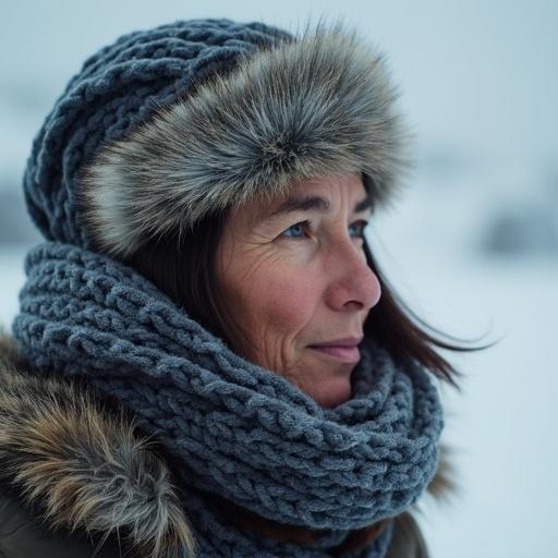 Closeup shot of an Inuit woman wearing a knitted hat and scarf. Cold environment with snow in the background. Soft expressions and warm clothing.