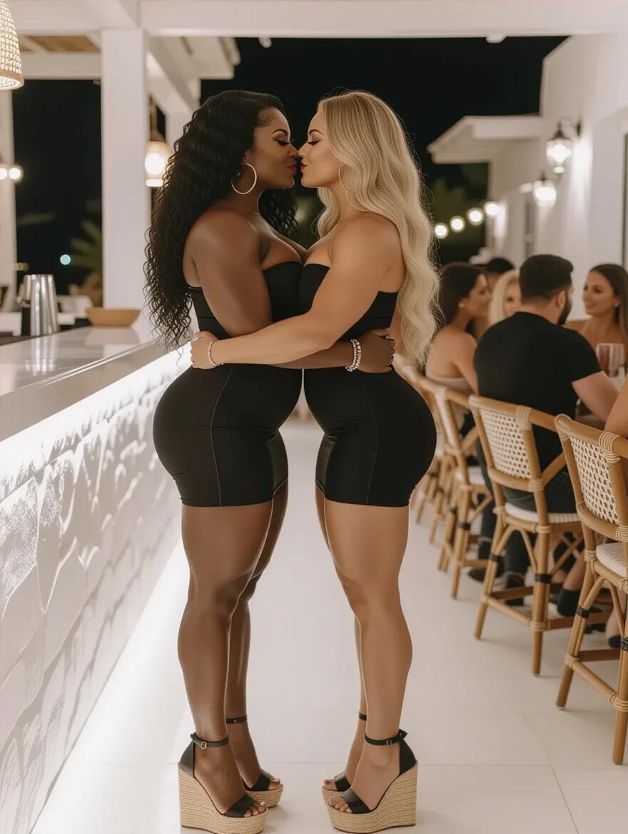 Two colossal female bodybuilders pose in a Mykonos bar at night. One has long black curly hair and dark skin. The other has long blonde wavy hair and light skin. Both wear tight black dresses and platform heels. They embrace each other. Couples are seated in the background.