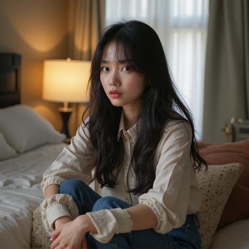 A photograph of a shining Korean woman wearing a flowing t-shirt in a sunlit room. A cozy dating scene with a male and female in a comfortable setting.