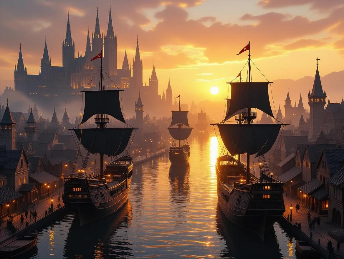 Epic fantasy port city at sunset with glowing golden light. Massive wooden galleons docked along a glowing river. Towering gothic architecture and castle spires in the background. Warm fog creates shimmering reflections. Richly detailed medieval buildings in a steampunk and baroque fusion. Dramatic atmosphere.