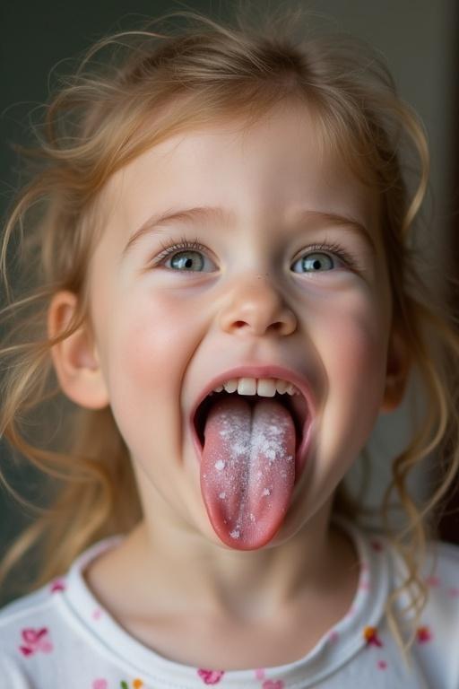 Little girl playful with tongue out eats something. White stuff visible in mouth.