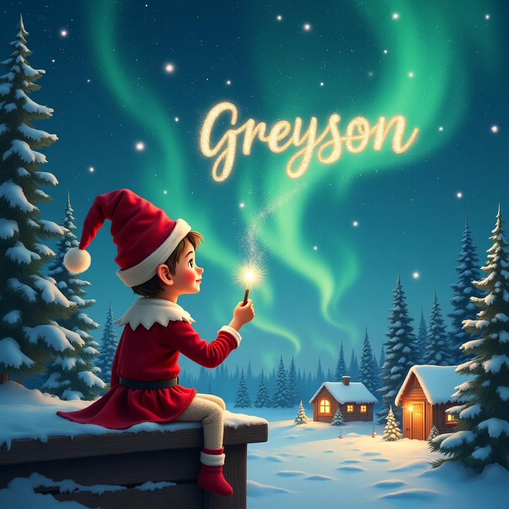 In a snowy landscape filled with charm, an elf sits on a wooden ledge, admiring the breathtaking sky. Dressed in a vibrant red outfit and a pointed hat, the elf holds a glowing wand. With a flick of the wand, the elf writes the name 'Greyson' among the twinkling stars. Surrounding the scene are cozy little houses and tall evergreen trees, all illuminated by the shimmering Northern Lights. This enchanting illustration encapsulates the joy and magic of childhood, making it perfect for holiday-themed projects.