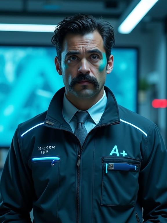 Man with thick mustache and neat hair. Unsatisfied expression. Dark jacket with blue neon stripes. Light silver shirt. Turquoise tie. Blue pen in upper pocket. Inscription on jacket. Blue neon streaks on right side of face. Standing pose with hands visible. Modern lab setting with blue light and soft illumination. Realistic style with humorous scientific feel.