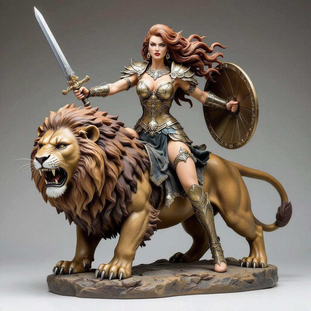 Resin sculpture of a goddess on a lion. Female figure in a strong pose holding a sword and shield. Long light brown hair with white highlights. Stylized armor with claw details. Haughty expression. Lion roars on two front paws. Rocky base with astral symbols. Semi-realistic style