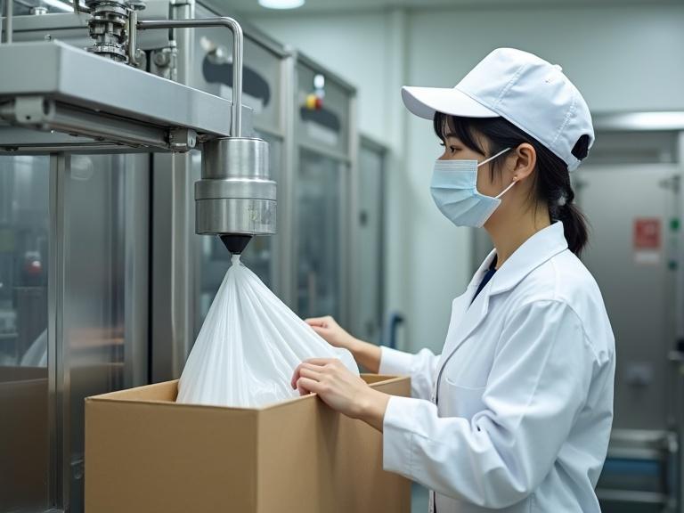 At a food factory a female worker operates a filling machine. She wears clean white clothes and a mask. The machine fills a plastic bag inside a cardboard box. The filling is done through an input port. High-resolution and realistic photo.