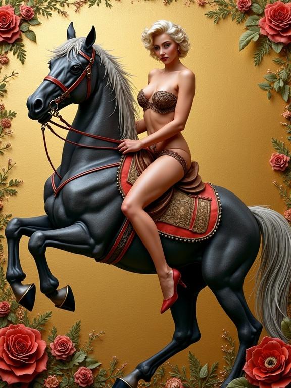 Artwork features a woman in lingerie riding a horse. Image blends elements of classic and whimsical art. Striking colors and intricate details enhance the aesthetic. The background is gold with floral designs.