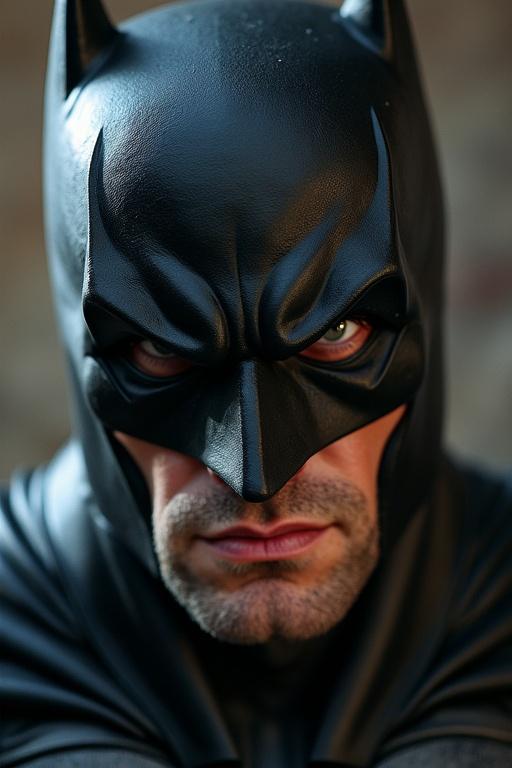 Batman portrait showcasing strong facial features. Emphasis on intense expression and costume details. Close-up presenting character's emotions.