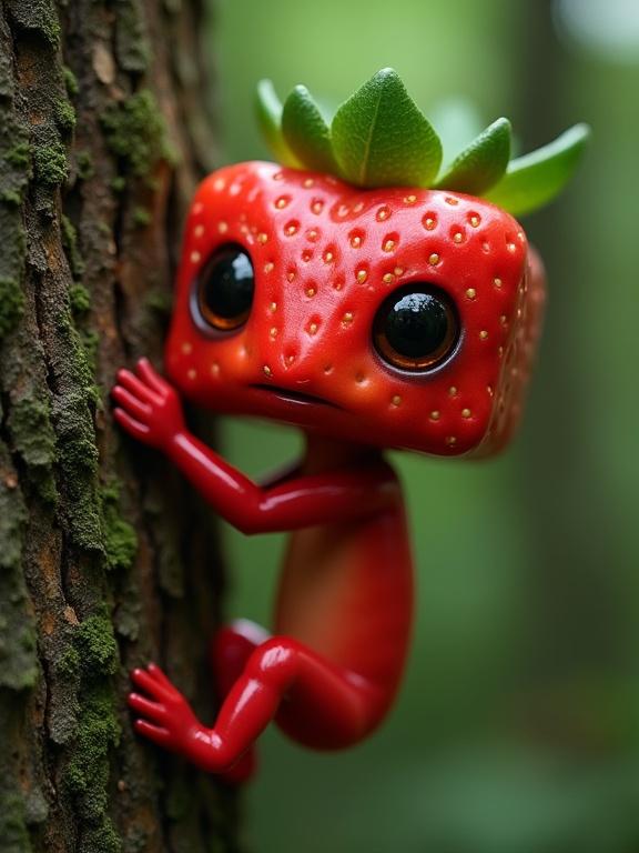 Charming creature design that blends fruit elements with imaginative features. A strawberry-headed character with large eyes and a leafy crown clings to a textured tree trunk in a vibrant forest setting. The background is softly blurred to enhance focus on the main subject.