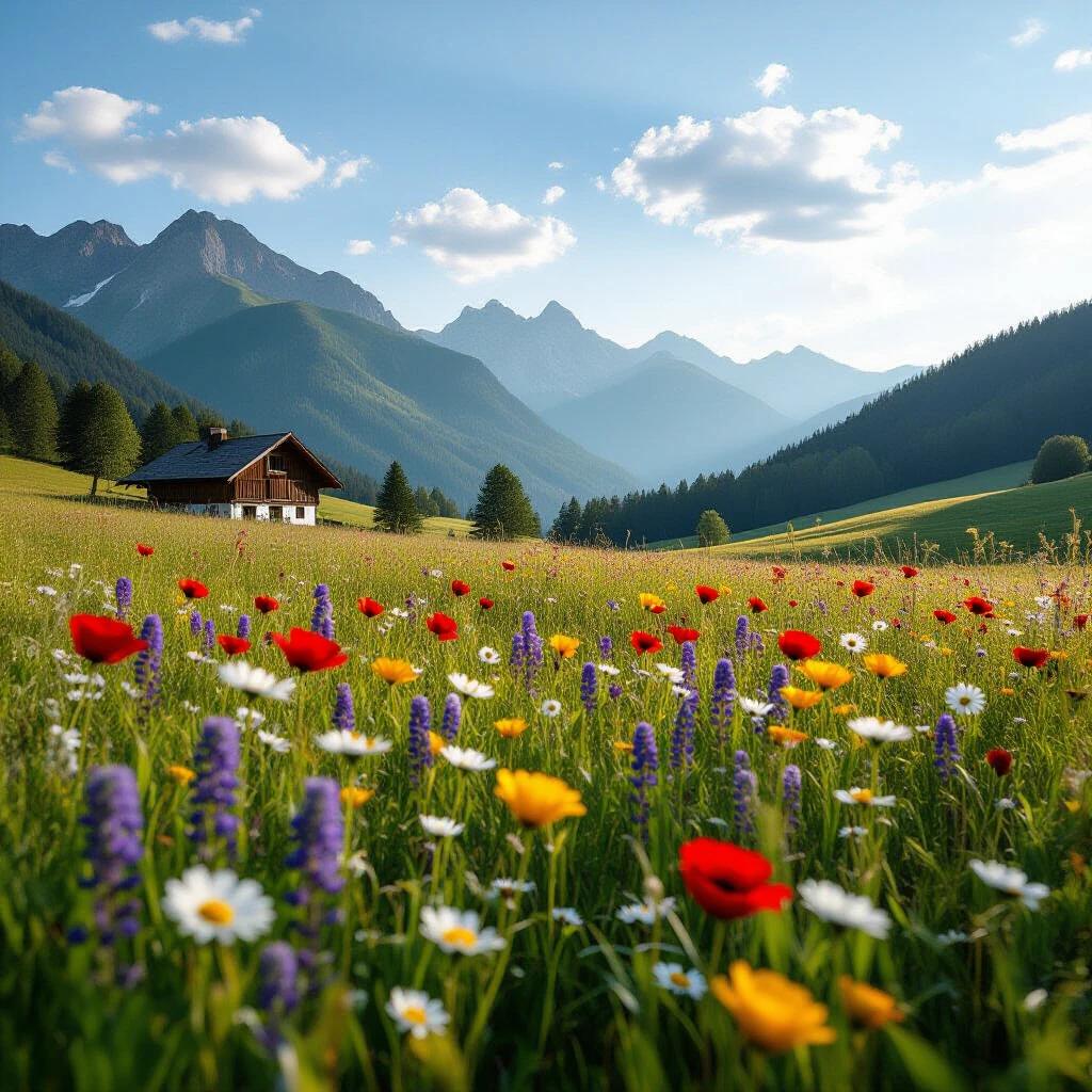Summer landscape featuring a rural house in a vibrant flower field with mountains in the background