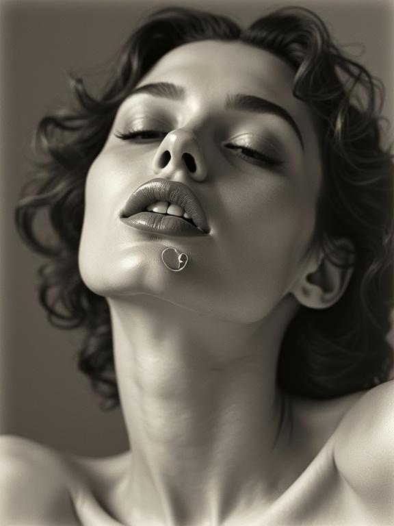Vintage black and white sepia image of a supermodel with artistic pose. Lips appear splashed with liquid yogurt and bubbles. Background features a white border canvas frame. Shot in high contrast with diffused lighting from a low angle using specific camera equipment.