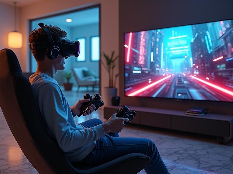 Young man plays VR games in a luxury living room. He wears an Apple Vision Pro headset. In his hands are two joysticks. The TV displays gameplay from a sci-fi shooter. The room has polished marble floors and modern furniture. Morning light enters through large windows. The player wears a Neuralink band.