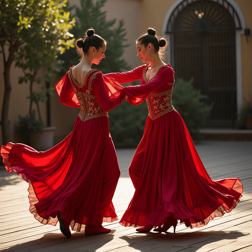 Two dancers in vibrant red dresses perform gracefully in a sunlit courtyard.