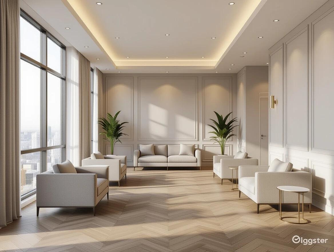 Compact yet luxurious multipurpose hall interior on a high floor. Floor-to-ceiling window allows natural daylight. Walls with elegant modern finishes. Spacious open layout with seamless wooden flooring. Flat ceiling with recessed warm ambient lighting. Minimal furniture includes designer sofas and lounge chairs. Clean architectural lines with a neutral color palette. Soft shadows for a calming atmosphere. Upscale residential or event space vibe. Photorealistic 8k rendering with realistic materials. No clutter and no people.
