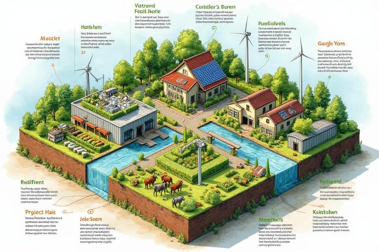 Isometric illustration depicts sustainable city harmoniously blended with nature. Vertical farms showcase crops. Wind turbines harness wind power. Solar panels supply energy. Circular food system thrives with livestock. Greenhouses nurture plants. Natural water filtration systems purify water. Diverse housing styles reflect community. Watercolor style enriches the scene. Dutch text labels provide details.