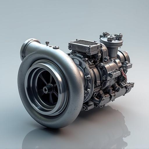 3D image showing a turbocharger component of a car. Focus on the intricacies of the design and mechanical details.