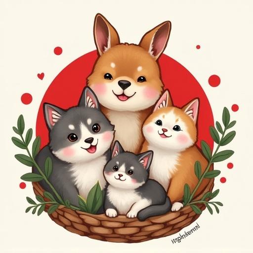 Logo design featuring a warm illustration with five cute animals in a basket. Include a friendly corgi with three playful kittens and incorporate a circle background with hearts. Evokes joy and charm. Aimed for local farm branding.