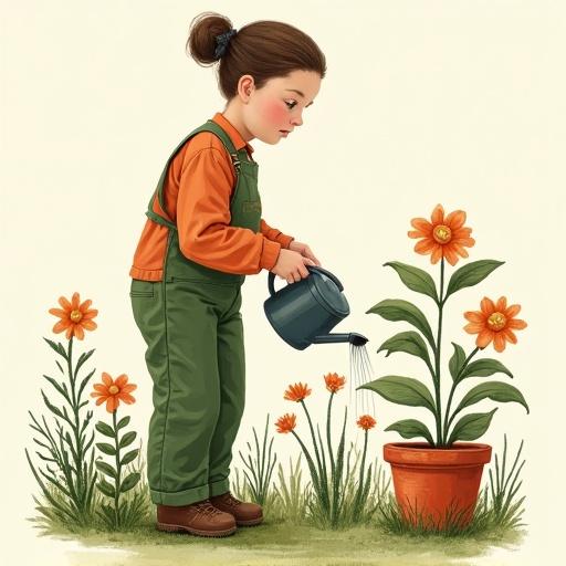 A child in overalls and a long-sleeve shirt waters a potted plant. Orange flowers surround the main plant. Soft colors and a cheerful vibe. A focus on nurturing nature.