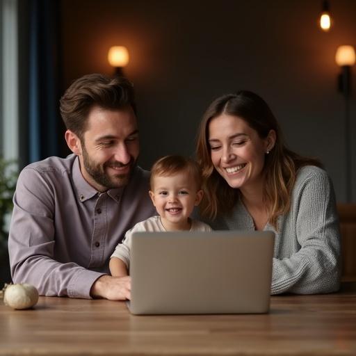 Extremely realistic, ultra-detailed photo of a happy family together. They are joyful while looking at a laptop. The setting is a cozy living room with warm lighting. Background gradient transitions from deep purple to dark blue. Clean and modern marketing text is present on the left.