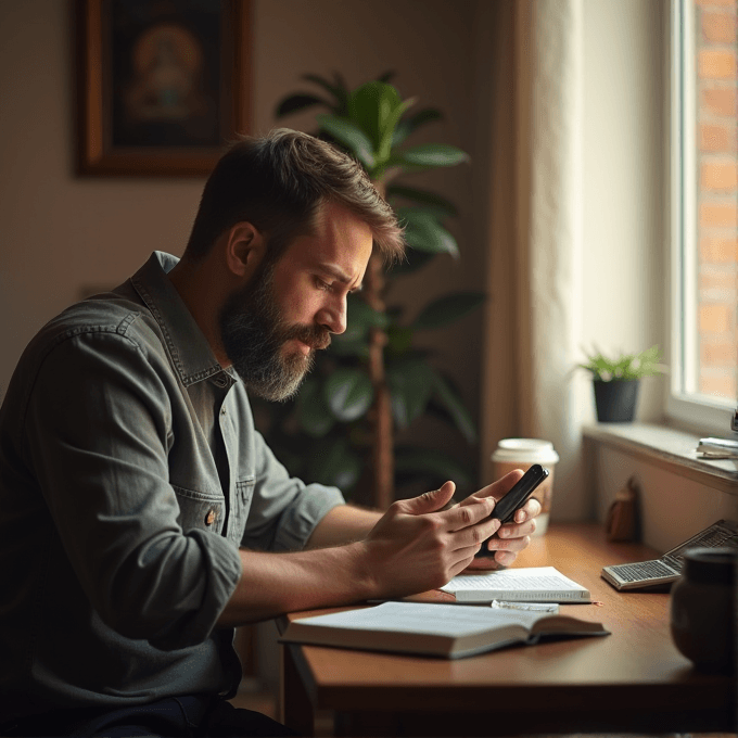 A person sitting at a desk by the window, focused on a smartphone, with books and a plant nearby.