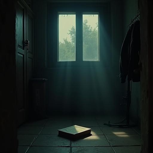 A small room in Gaza at night is depicted. A Quran lays on the floor. A jacket hangs on a nail. A rifle is in the shadows. Light streams from a window casting soft rays. The color grading is moody and atmospheric with a 2.39:1 aspect ratio.